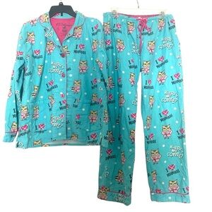 PJ Salvage Flannel Pajama Set Cats Kitten Where is my Coffee Blue Pink Medium